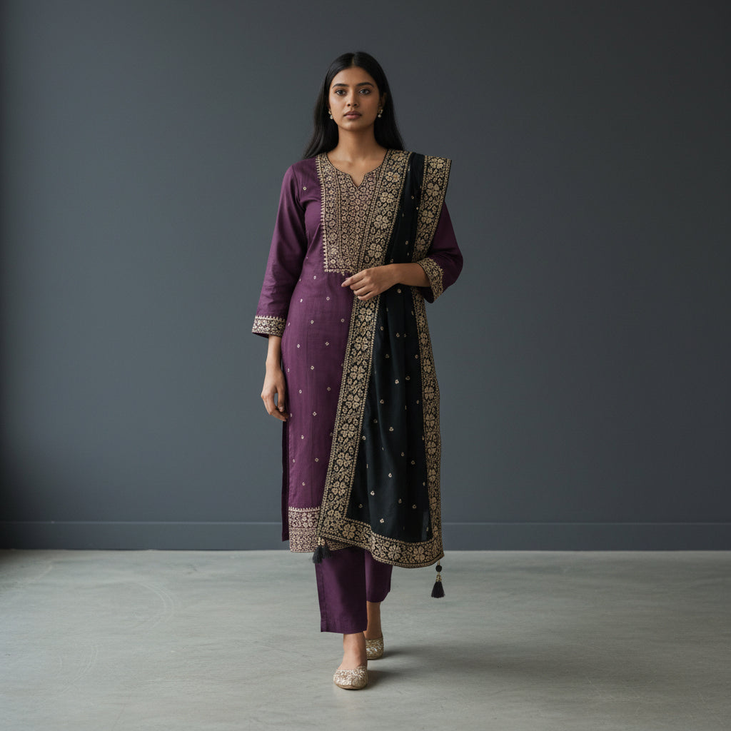 Silk Blend Kurta Set with Green embroidered Dupatta