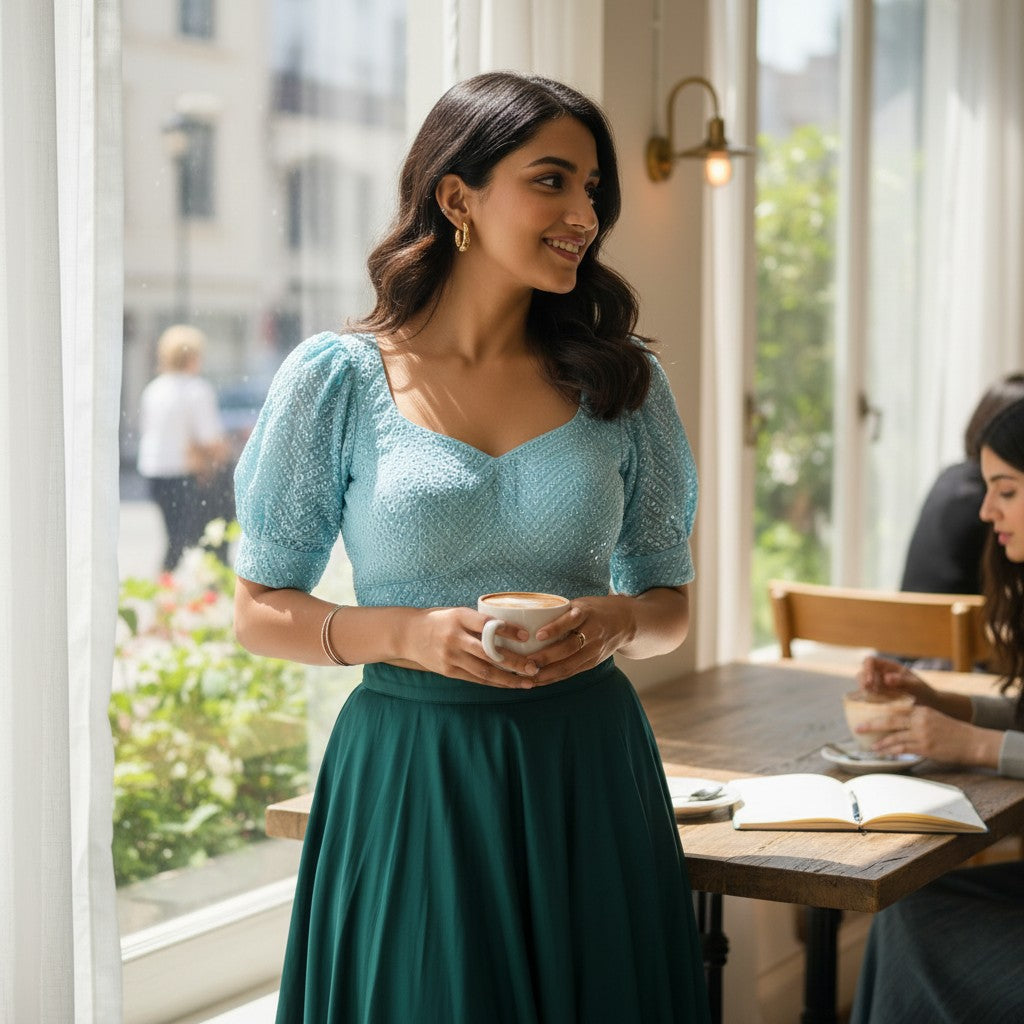 Pastel Blue Chikankari-Style Blouse