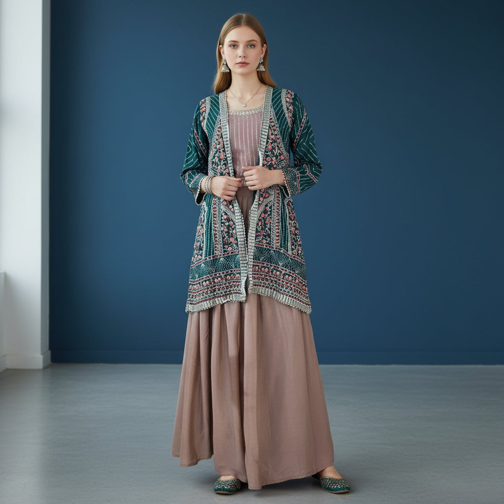 Textured Georgette Long Jacket Over Floor-length Dress