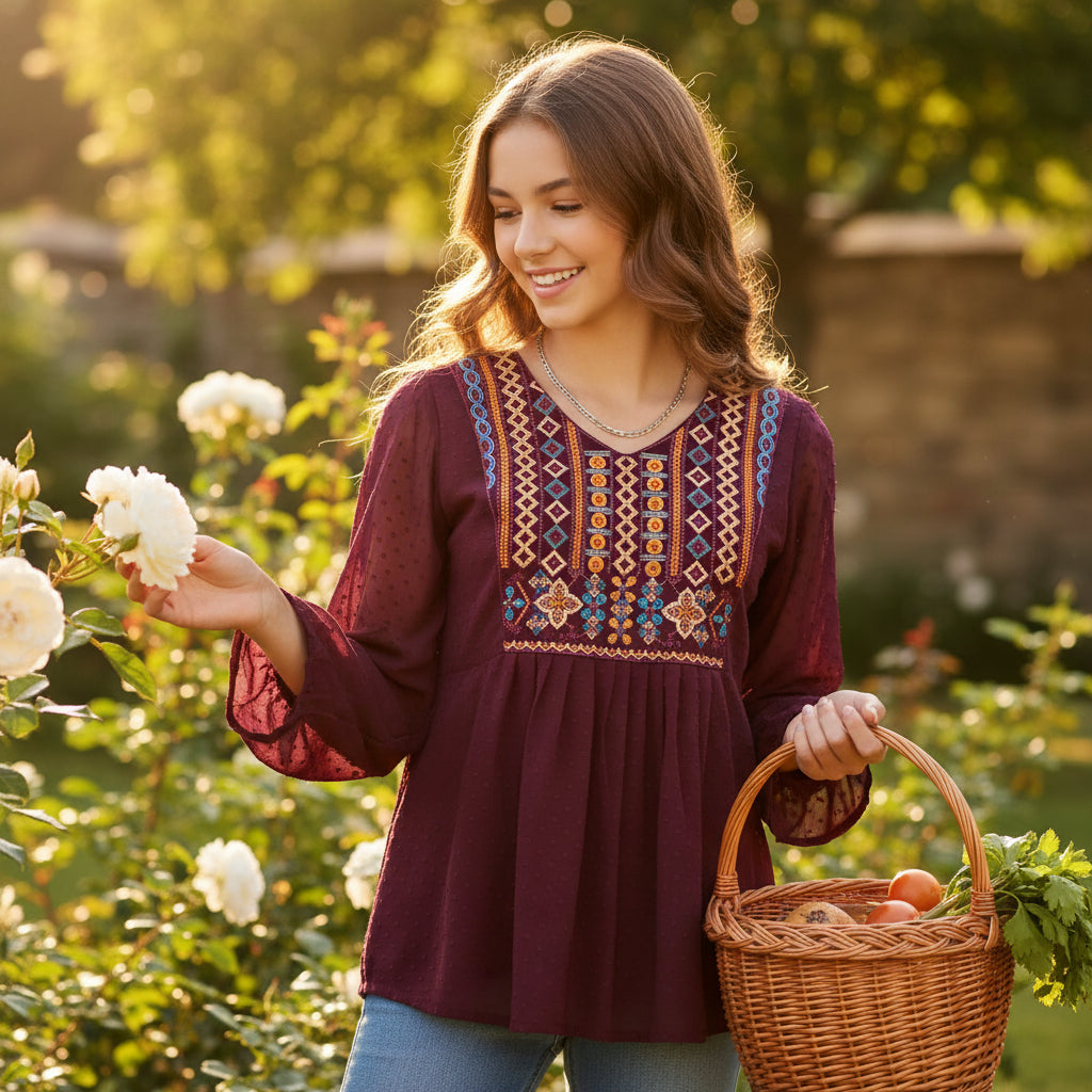 Swiss Dot Chiffon Tunic with Geometric Embroidery