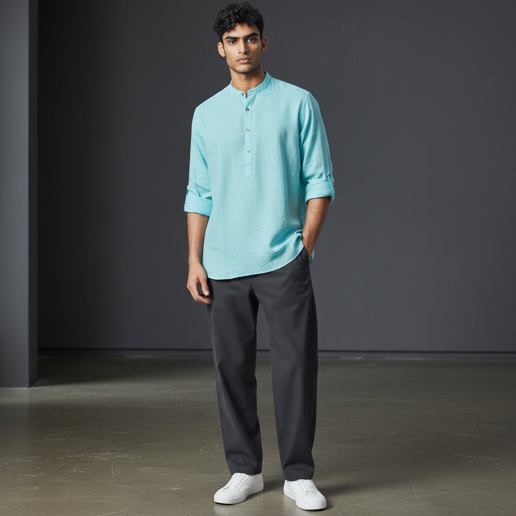 Men's Sky Blue Linen Cotton Half Kurta
