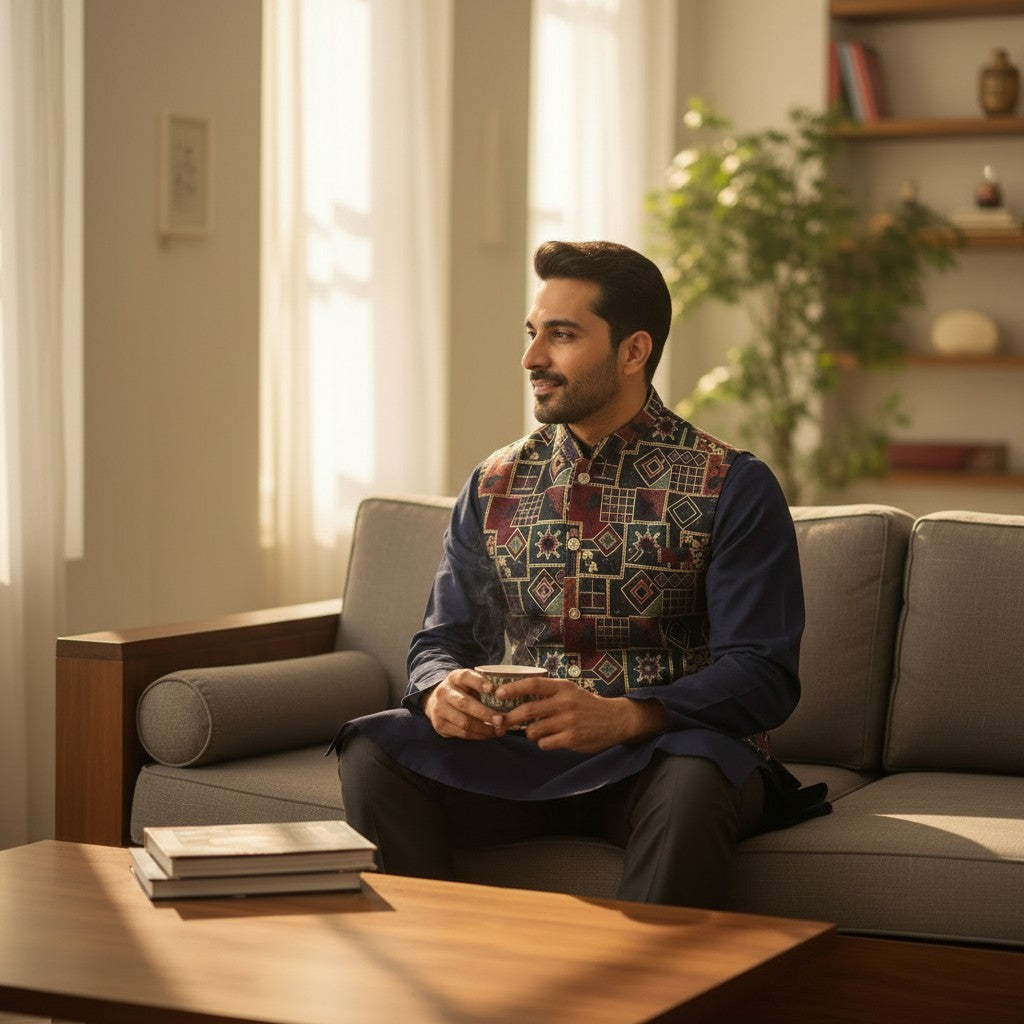 Men Navy Blue 3 Piece Kurta Set with Embroidered Vest