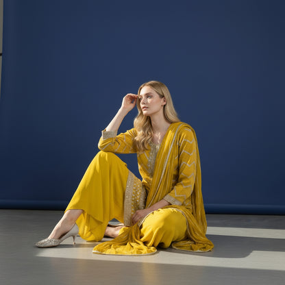 Silk Blend Kurta Set with Thin Vertical Ribbing