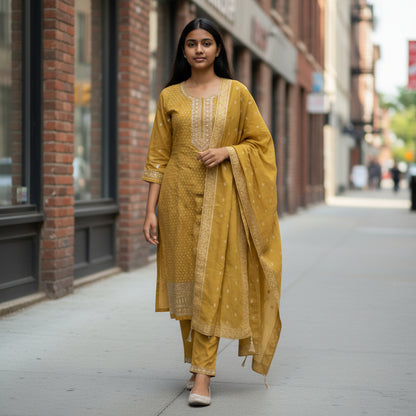 Silk Blend Kameez Set with Heavy Banarasi Border