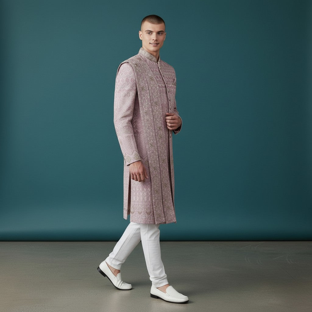 Pink Embroidered Men's Sherwani with Duppata