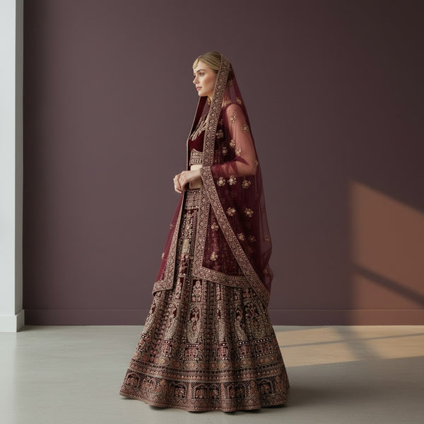 Ultra-luxury bridal lehenga with heavy antique gold embroidery and stone work
