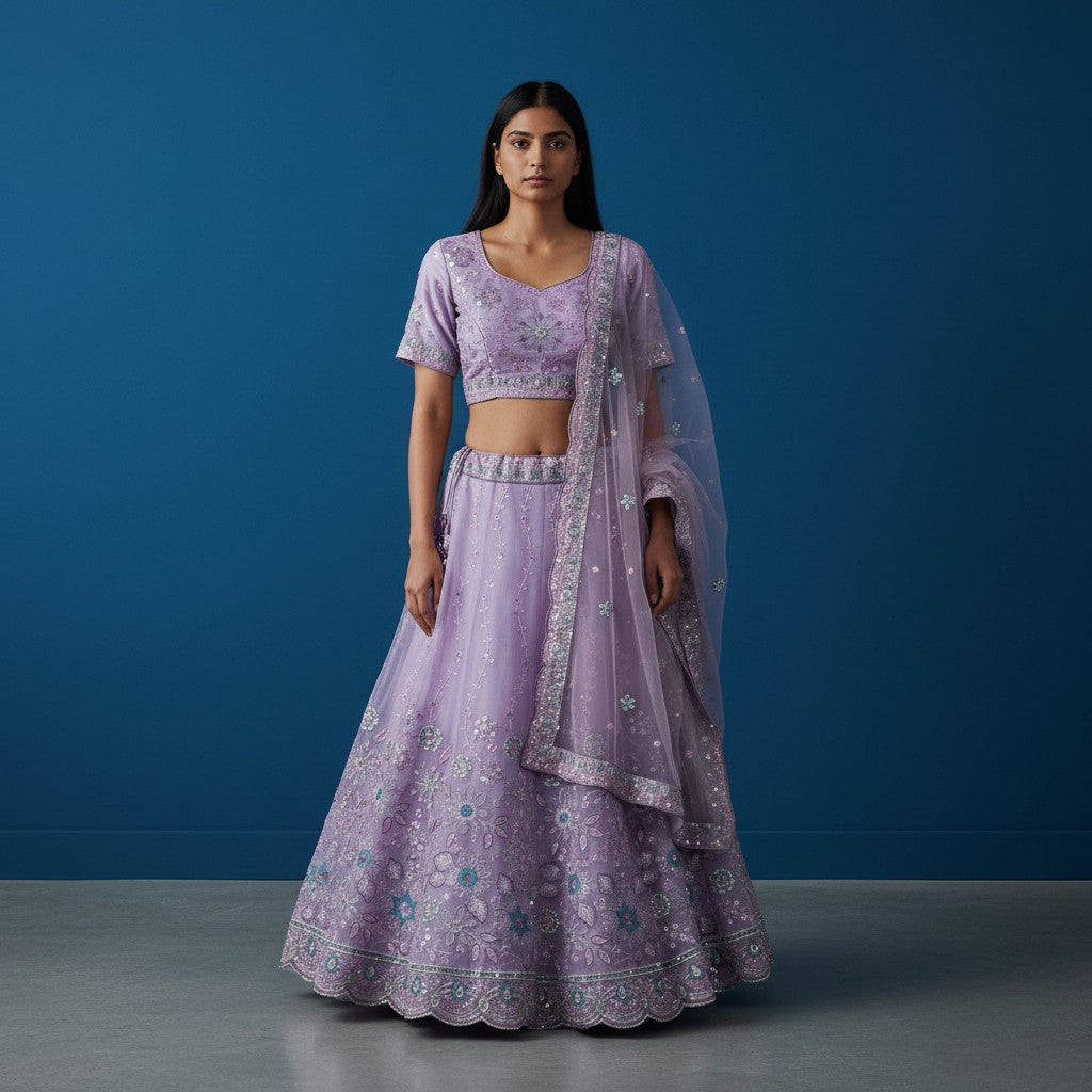 Lavender Floral Embroidered Lehenga Set with Scalloped Edges