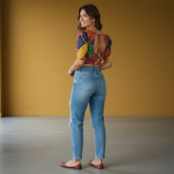 Patchwork Bandhani Print Blouse with Dark Green Lining and Colorful Diamond Motifs