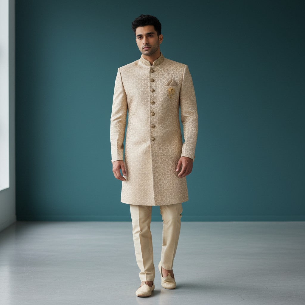 A Cream Colored Self Design Sherwani