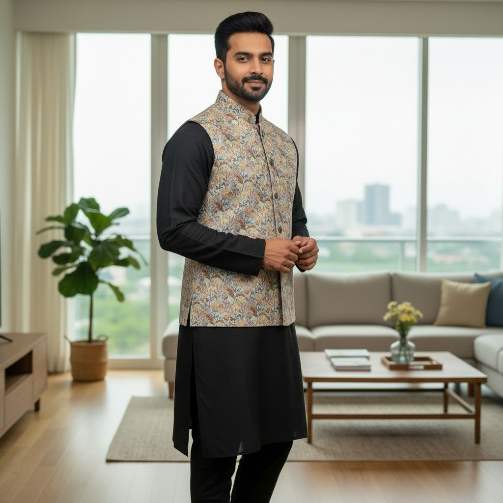 Men Light Blue Floral Woven Jacquard 3 Piece Kurta Set