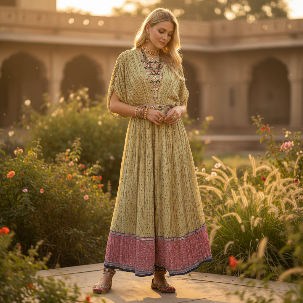 Pleated Textured Fabric with Checkered Print Accents Kurta Set