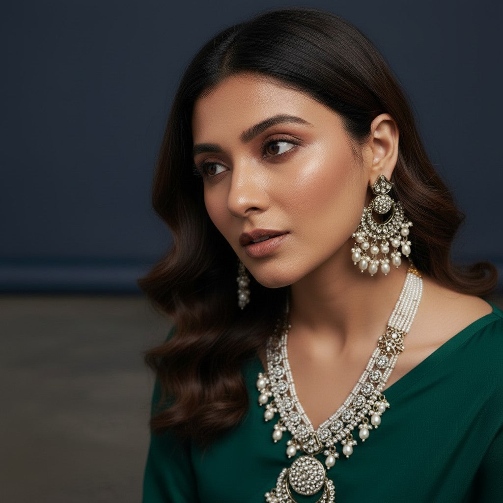 Chandbali Crescent Pearl Necklace & Earring Set