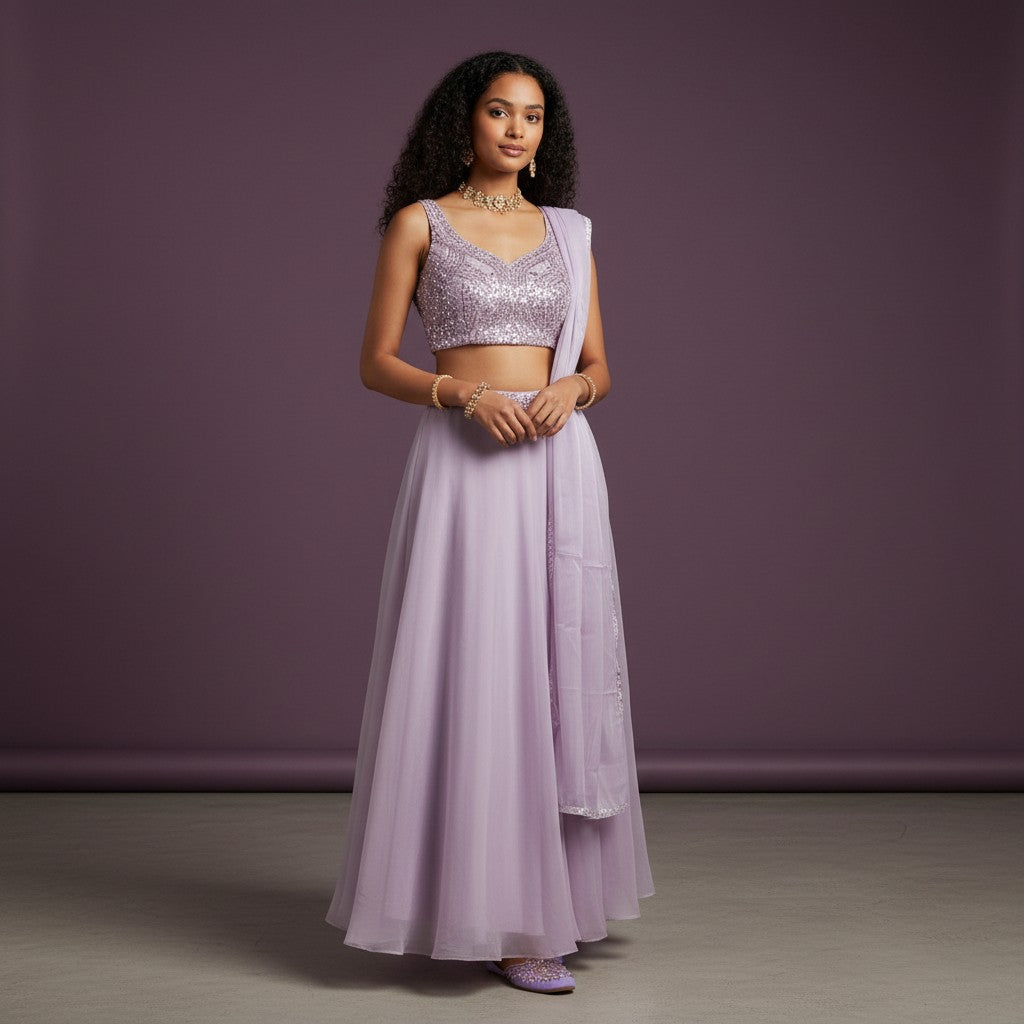 Heavily Sequined Sleeveless Blouse with Skirt