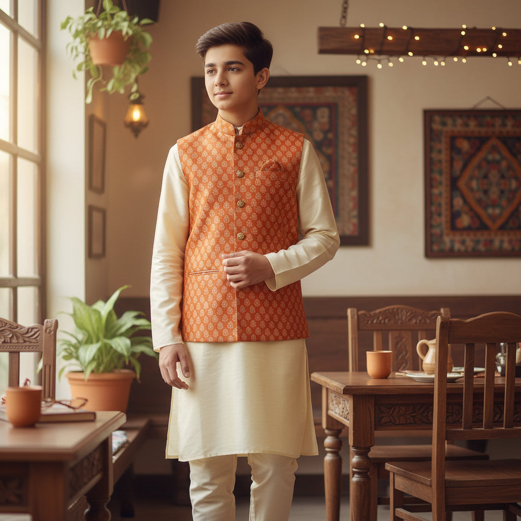 Men 3 Piece Set - Peach Kurta Set for Party and Wedding