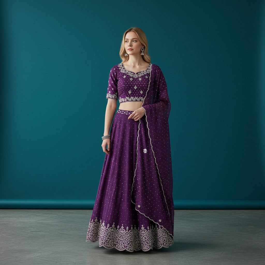 Deep Purple Lehenga Set with Floral Embroidery and Stone Work