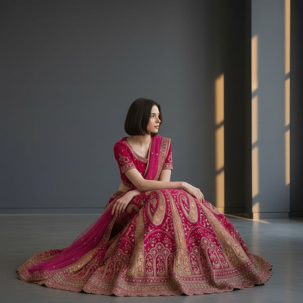 Vibrant Magenta Lehenga Choli with Gold Embroidery and Translucent Dupatta