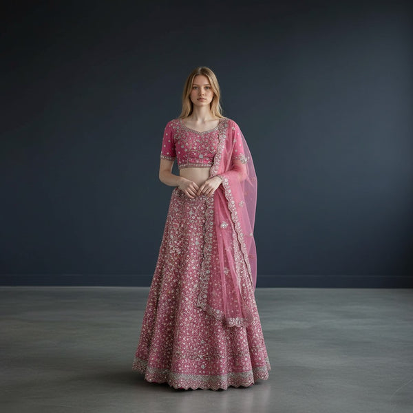 Dusty Rose Floral Sequin Lehenga with Net Dupatta