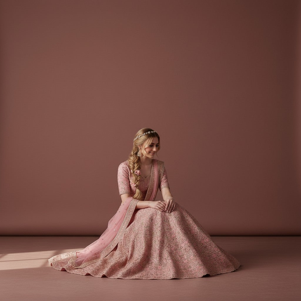 Elegant Rose Pink Lehenga with Geometric and Floral Embroidery