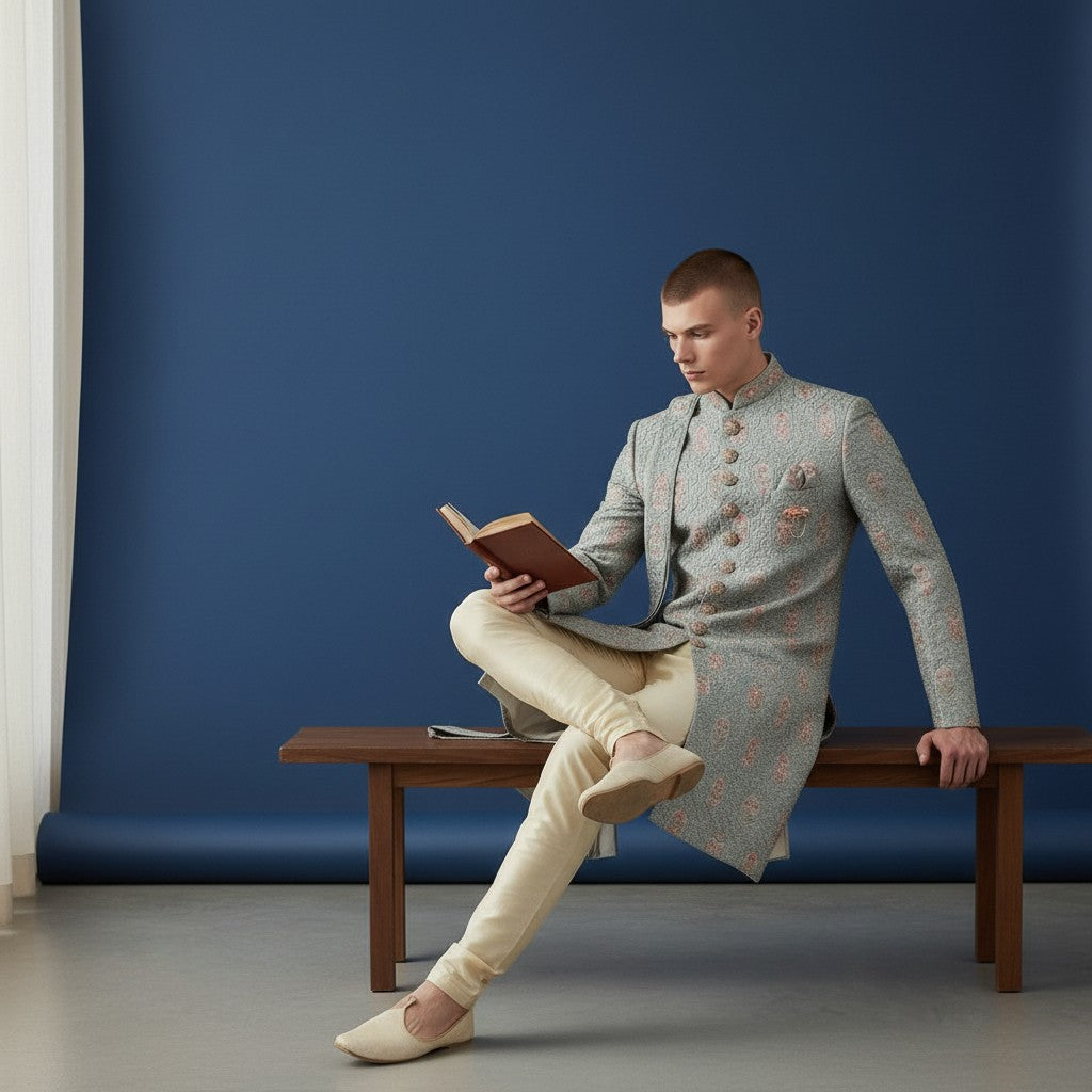 A Gray Colored Self Design Sherwani