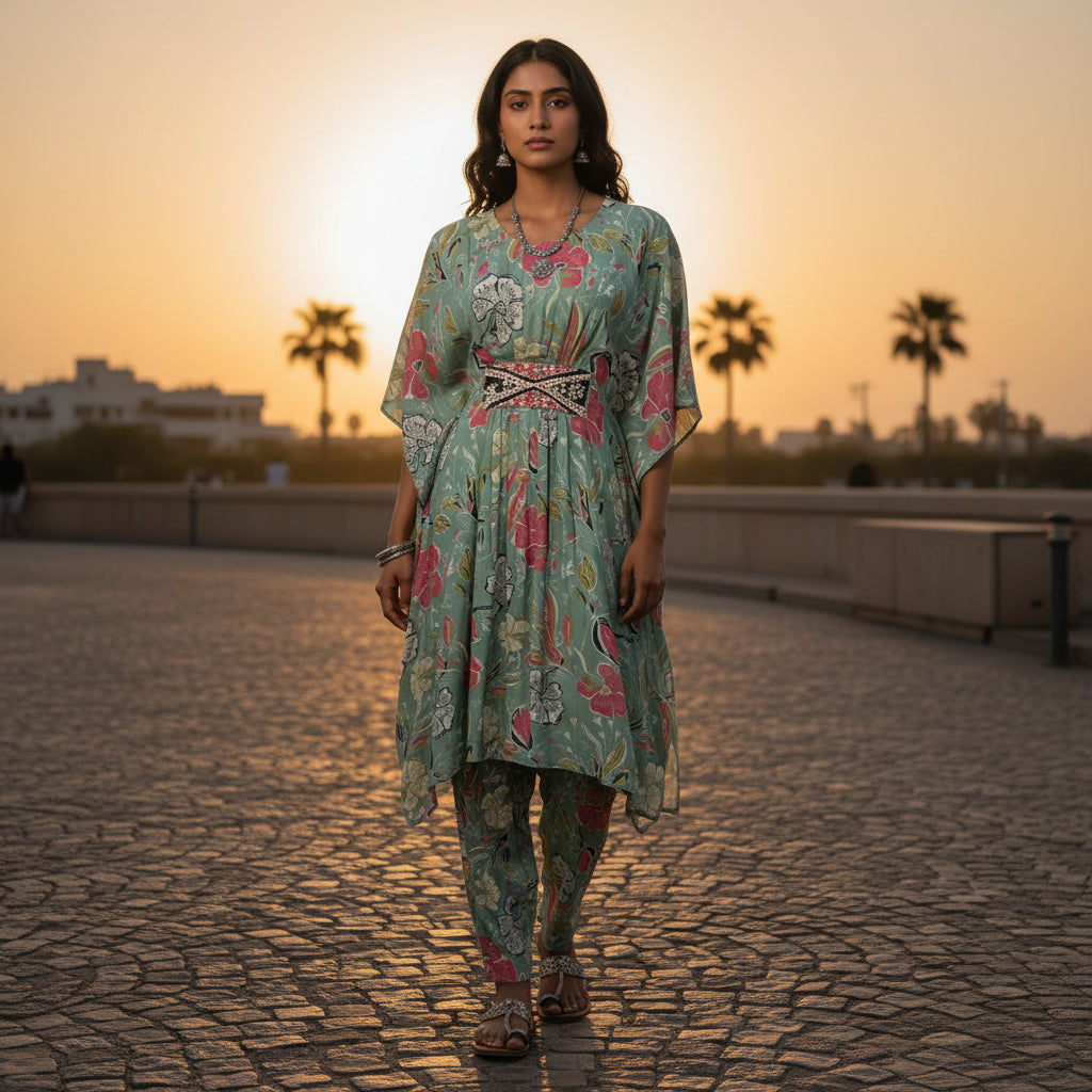 Floral Print Kaftan-Style Set