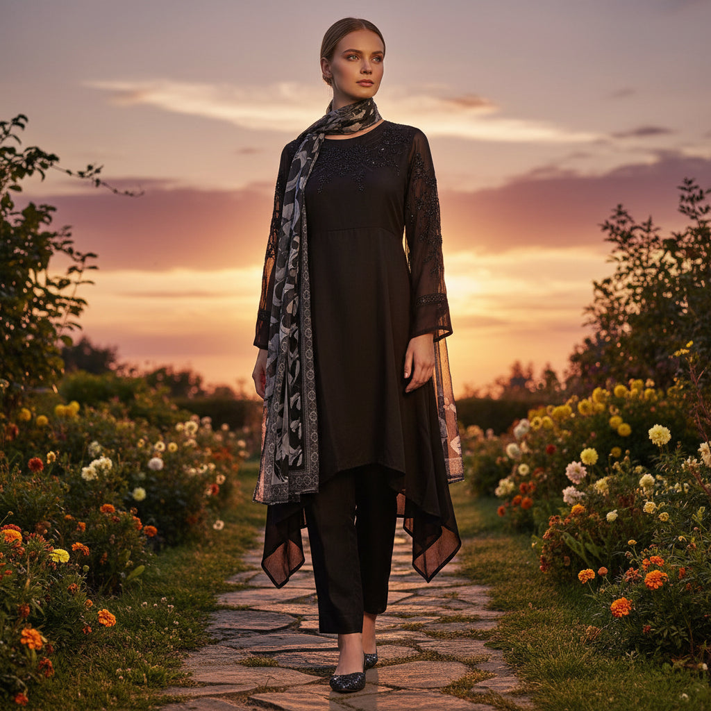 Georgette Kurta Set 3 Pc Black