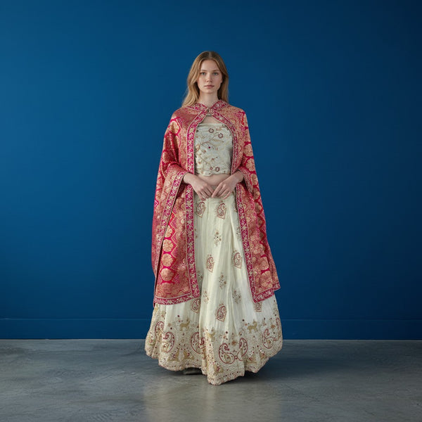Sophisticated Off-White Lehenga with Paisley and Deer Embroidery