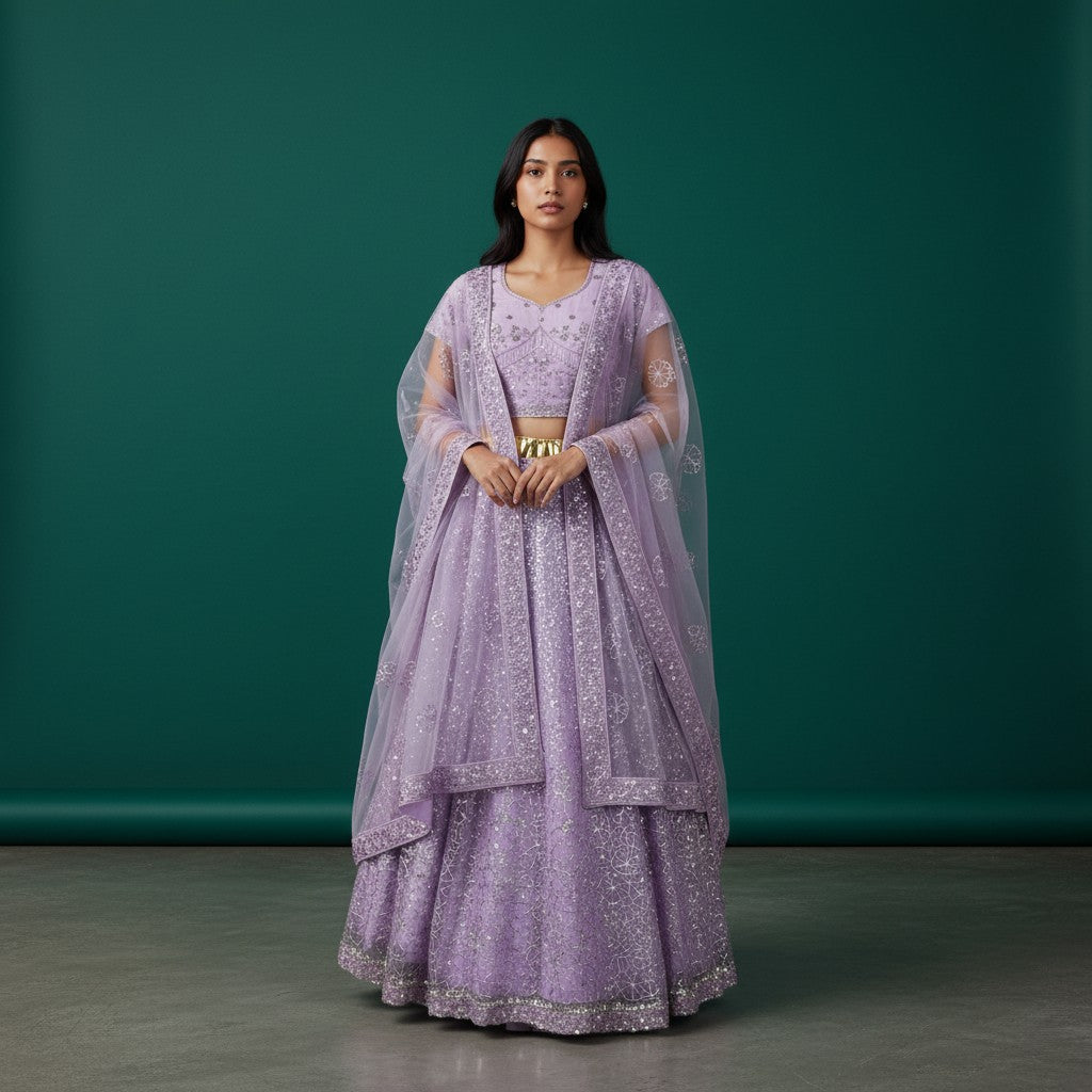A Dreamy Lavender Lehenga with Silver Sequins and Floral Threadwork