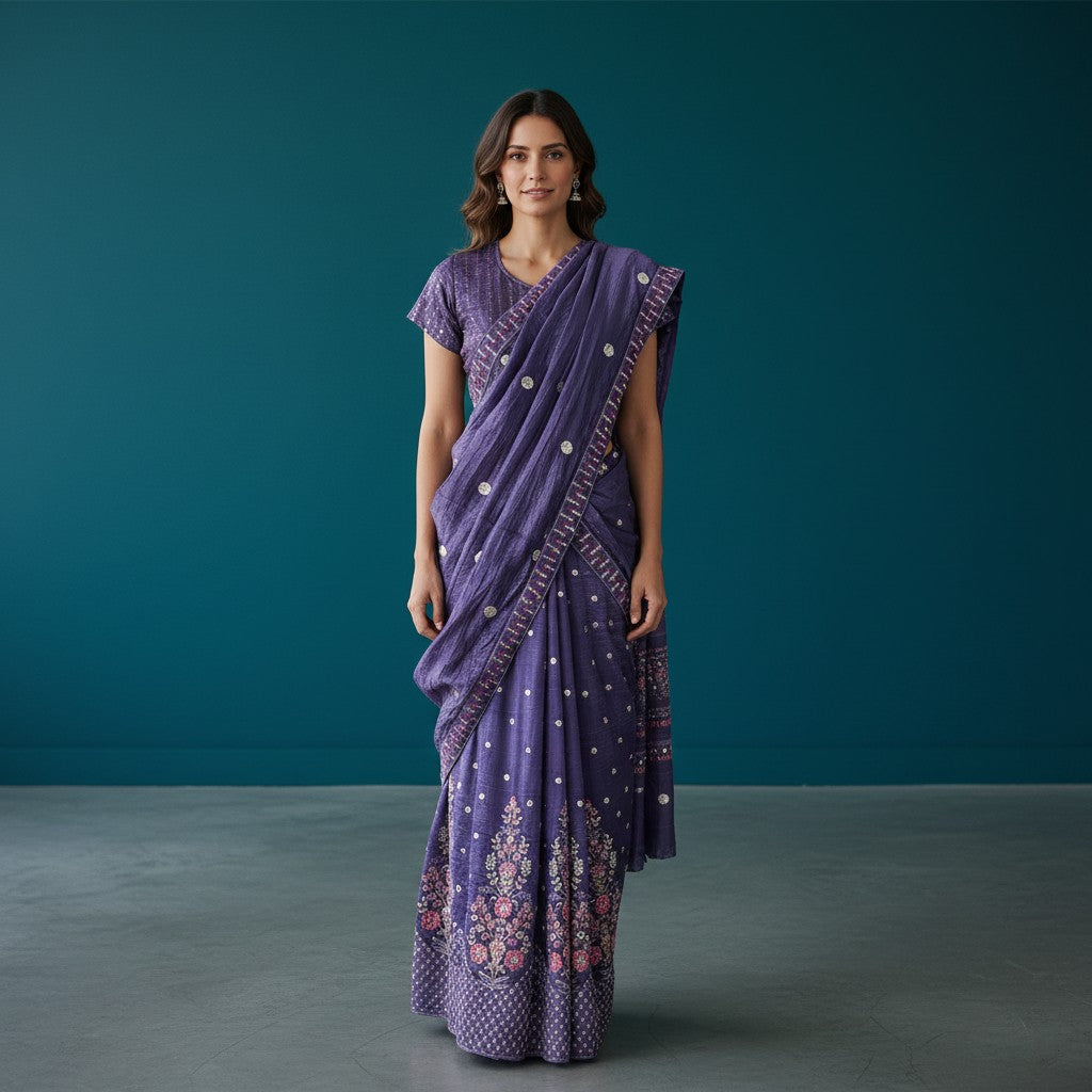 Deep Purple Sequined Striped Lehenga Set with Embroidered Dupatta