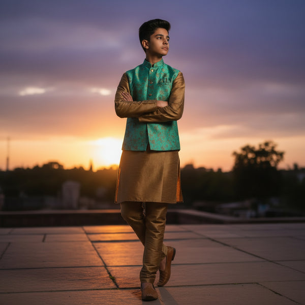 Men 3 Piece Set - Turquoise Nehru Jacket with Kurta and Churidar