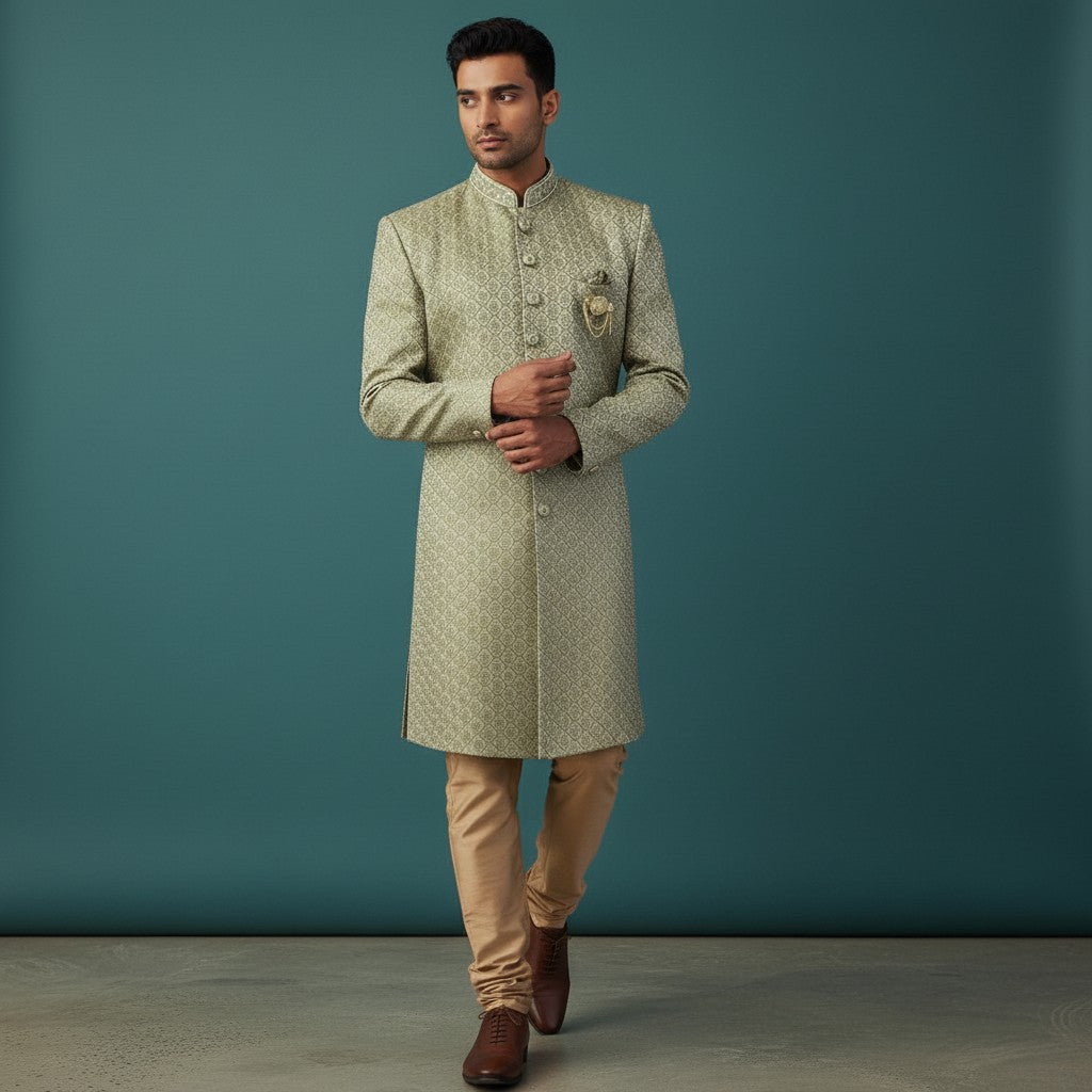 Green Embroidered Sherwani Kurta Set for Men