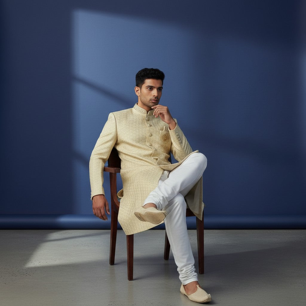 A Light Yellow colored Embroidered Sherwani