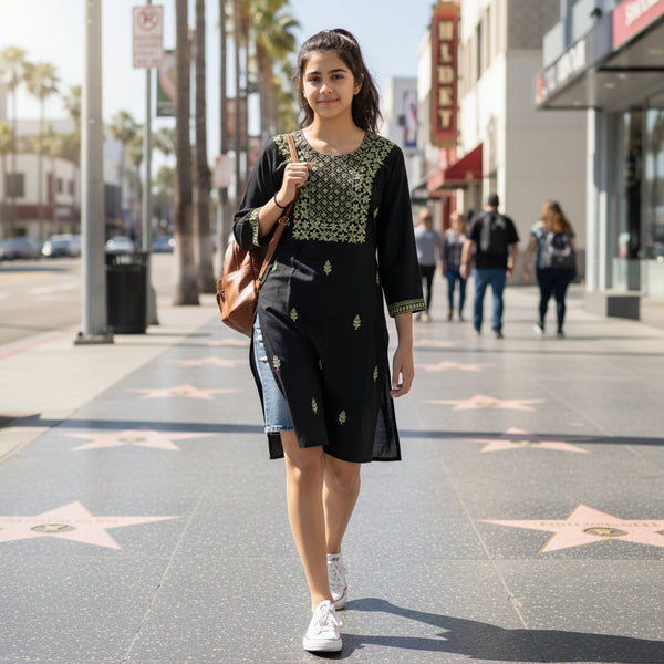Black Straight Short Kurti with Sage Green Floral & Geometric Embroidery