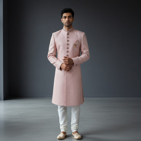 Pink Embroidered Men's Sherwani - Traditional Ethnic Kurta Set