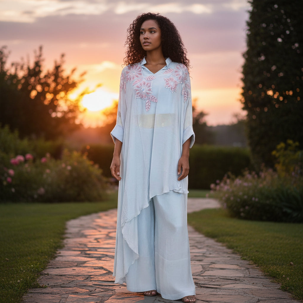 Light Blue with Pink Floral Shoulder Beadwork Kaftan
