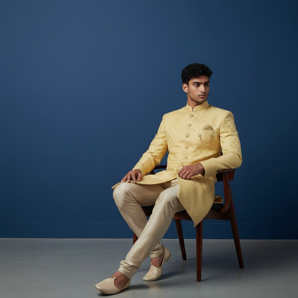 A Yellow Self Design Sherwani
