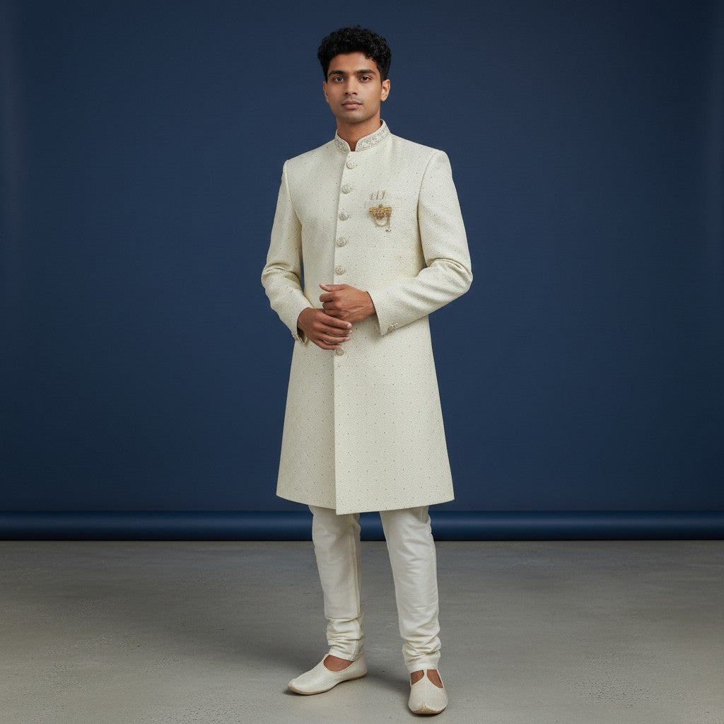 A Off White Self Design Sherwani