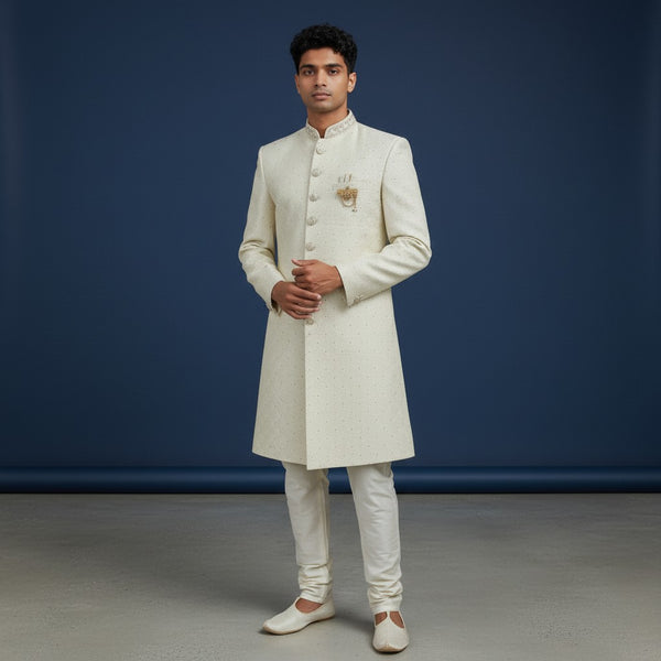 A Off White Self Design Sherwani