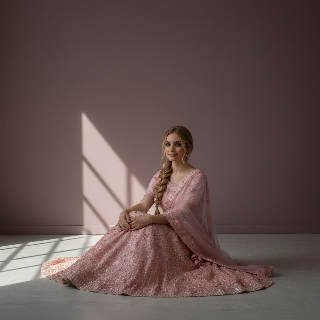 Blush Pink Hexagonal Geometric Lehenga with Floral Threadwork