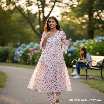 Cotton Gathered Tunic with Multi-Colored Chevron Pattern
