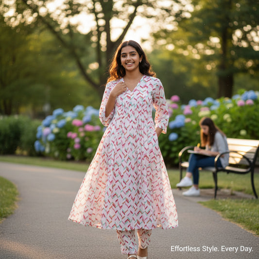Cotton Gathered Tunic with Multi-Colored Chevron Pattern
