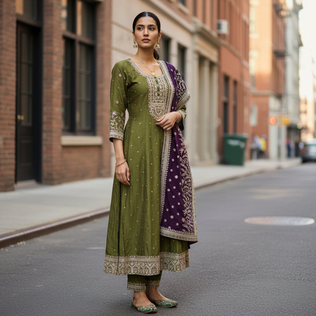 Silk Blend Kurta Set with Embroidery