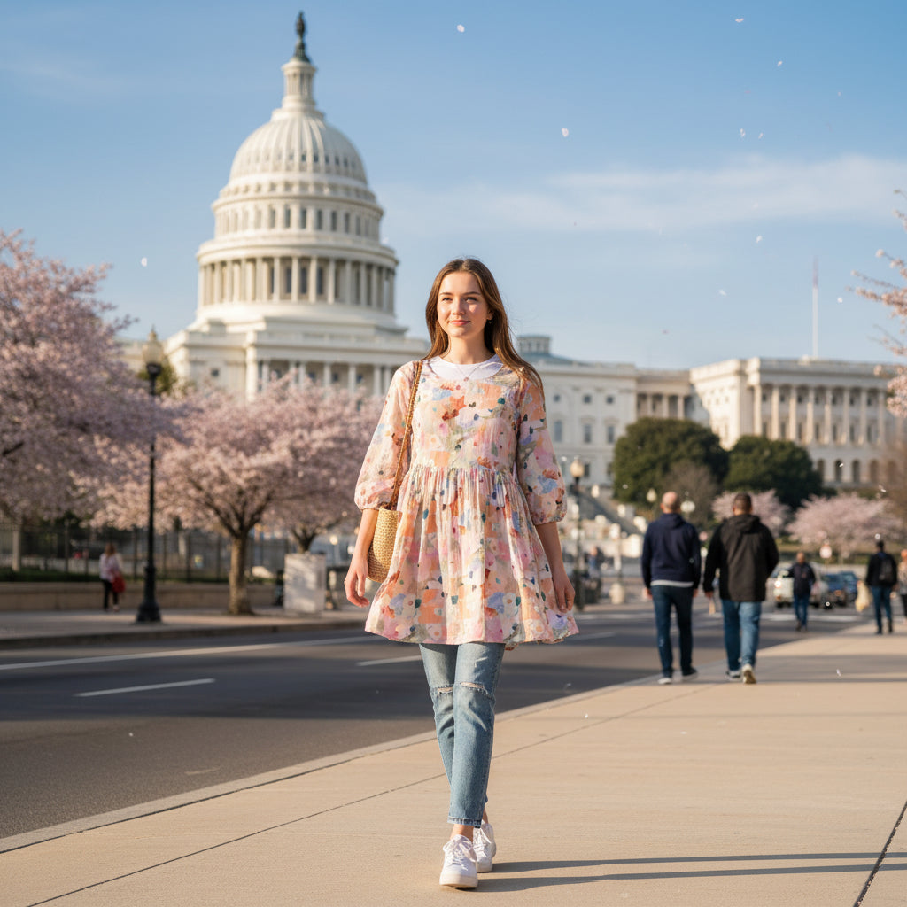 3/4 Sleeve Midi Dress with Romantic Blurred Floral Watercolor Print and Gathered Waist
