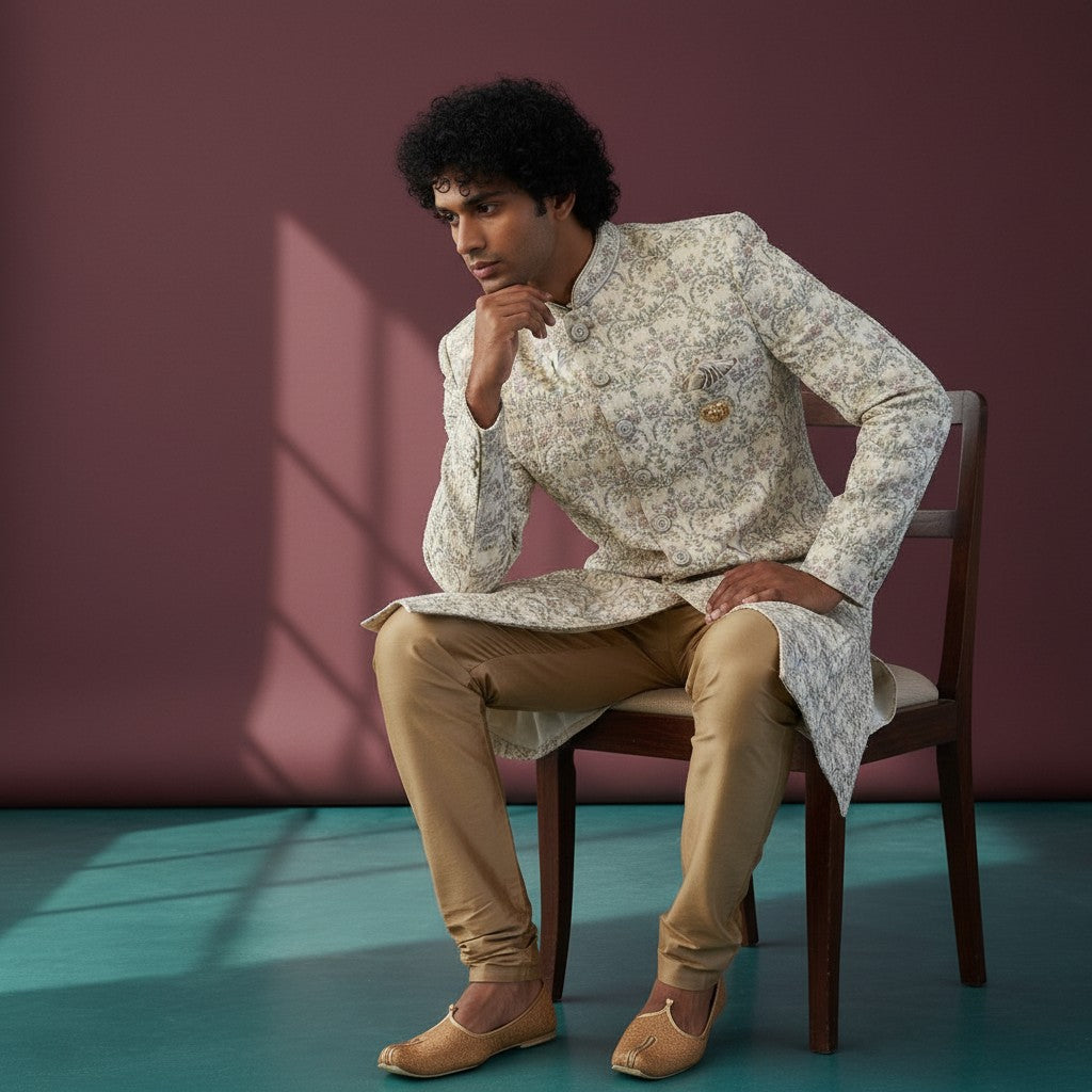 Gold Colored Embroidered Sherwani