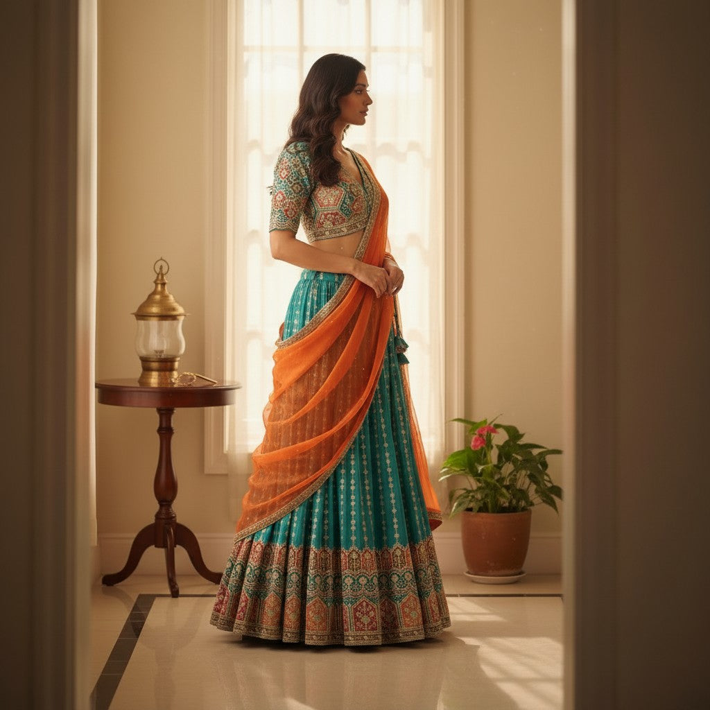 Teal Blue Lehenga with Vertical Embroidery & Orange Dupatta
