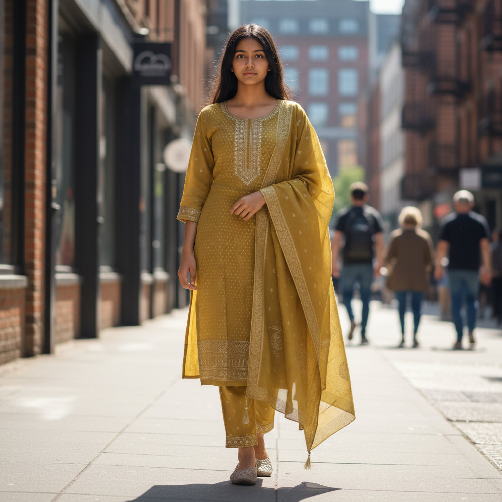 Silk Blend Kameez Set with Heavy Banarasi Border