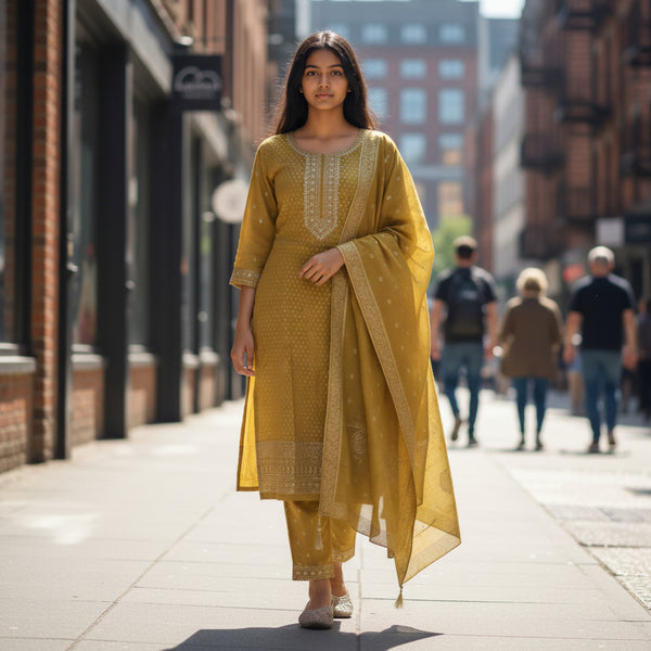 Silk Blend Kameez Set with Heavy Banarasi Border