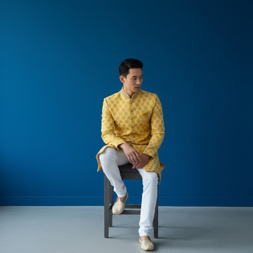 A Yellow Colored Self Design Sherwani
