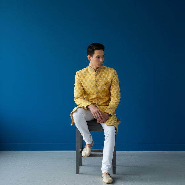 A Yellow Colored Self Design Sherwani