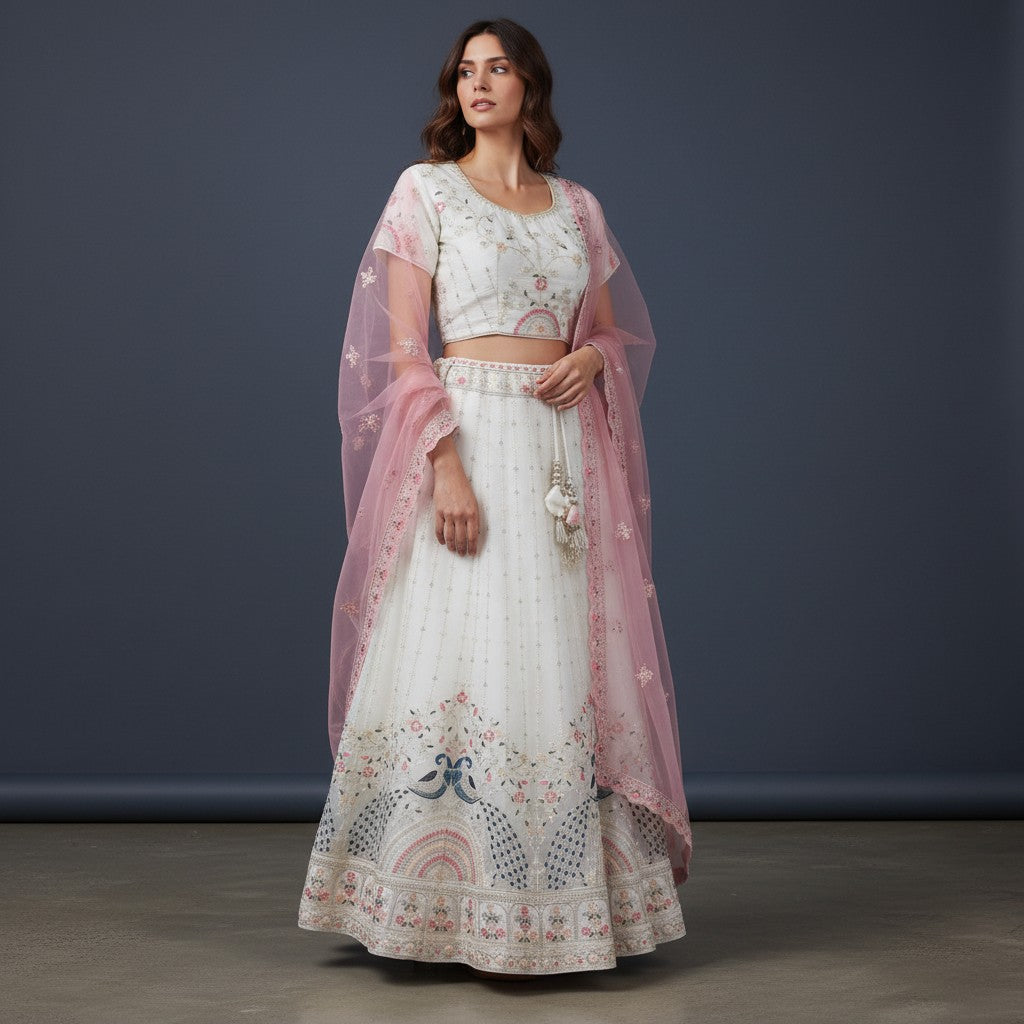 Elegant Off-White Lehenga with Peacock Motifs and Pink Net Dupatta