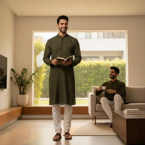 Chikankari Embroidered Sequinned Kurta Set (2 Pc) - Deep Green